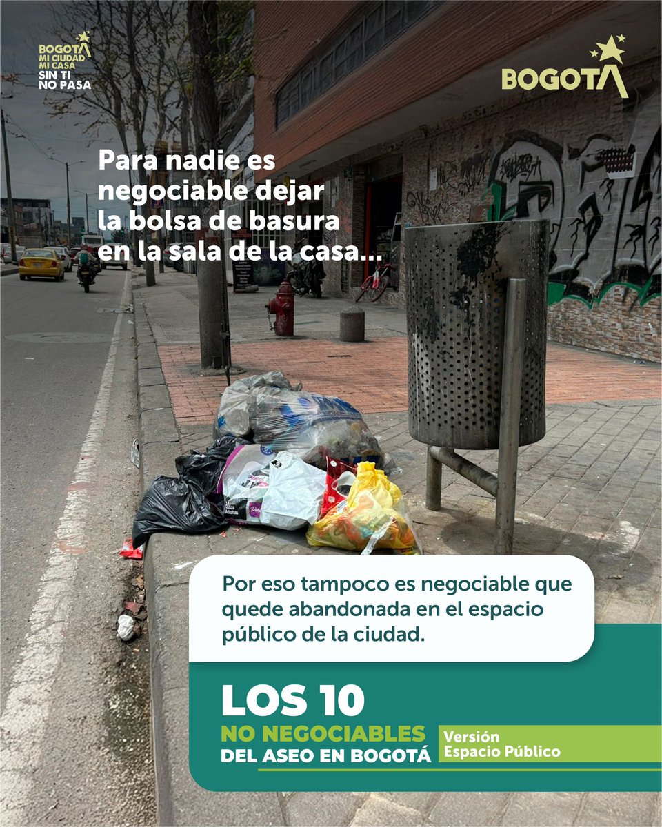 #10NoNegociables #AquíSíPasa 

Hablemos de cosas que NO son negociables en el espacio público por el bienestar de la ciudad y la calidad de vida de quienes la habitamos.

El orden, el aseo y la responsabilidad son de todos en nuestros entornos. 👍🏼💛❤️
#MásYMejorEspacioPúblico
