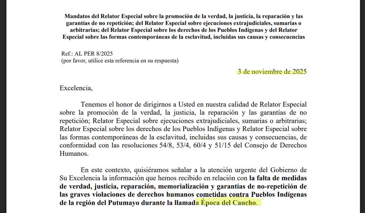 🚨 #ULTIMO ONU exige respuestas al Estado peruano en materia de memoria histórica

Cuatro Relatores Especiales de <a href="/ONU_es/">Naciones Unidas</a> cuestionan la falta de acciones del Perú frente a los crímenes cometidos contra pueblos indígenas durante la época del caucho en la Amazonía.

🧵1/10