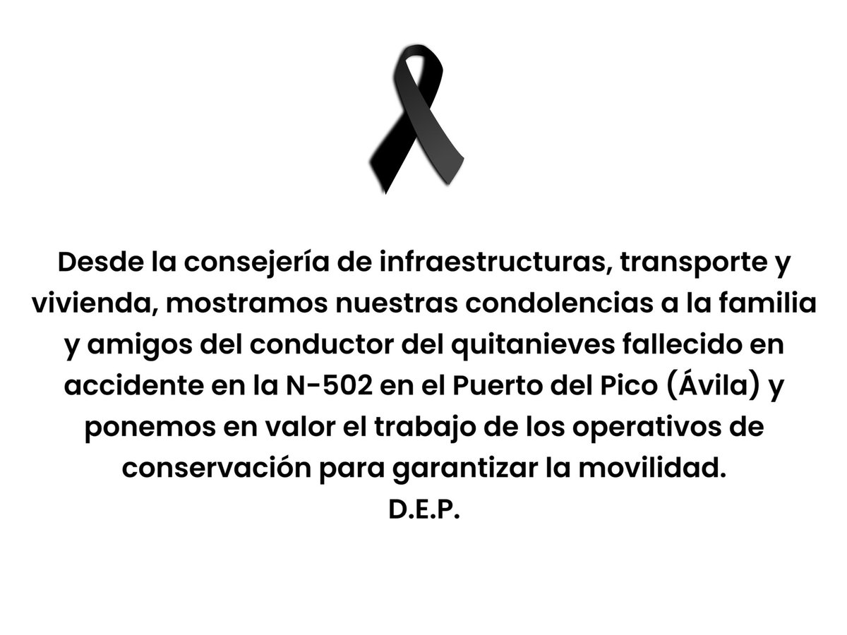 infra_EXT's tweet photo. ⚫️Desde @infra_EXT mostramos nuestras condolencias a la familia y amigos del conductor del quitanieves fallecido en accidente en la N-502 en el Puerto del Pico (Ávila) y ponemos en valor el trabajo de los operativos de conservación para garantizar la movilidad. DEP. https://t.co/2kNRo3j0LZ
