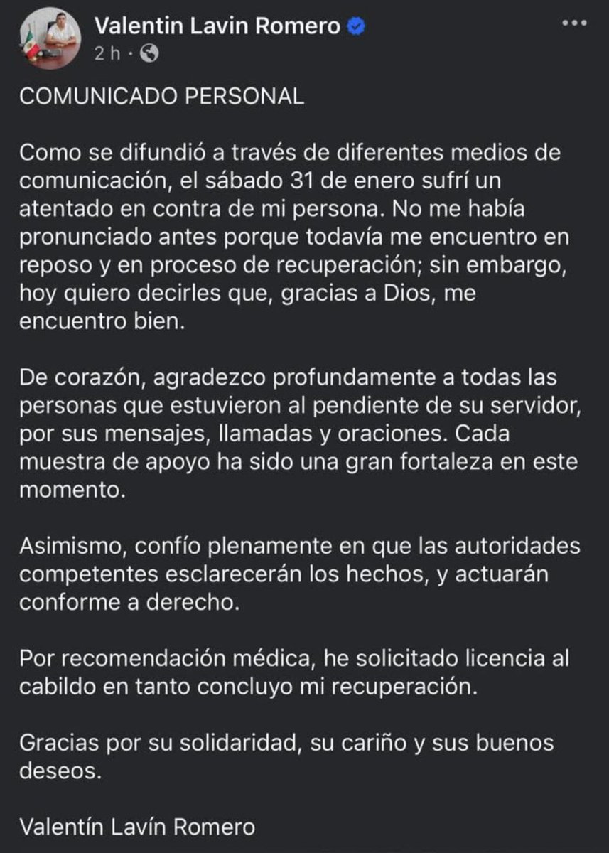 ALCALDE DE TEMOAC DEJA EL CARGO DE MANERA TEMPORAL/ Víctima de un atentado que lo dejó herido, 
el alcalde de #Temoac, Valentín Lavin Romero, decidió  separarse temporalmente del cargo, hasta no recuperarse de la herida producida por arma de fuego. Se prepara la Síndico