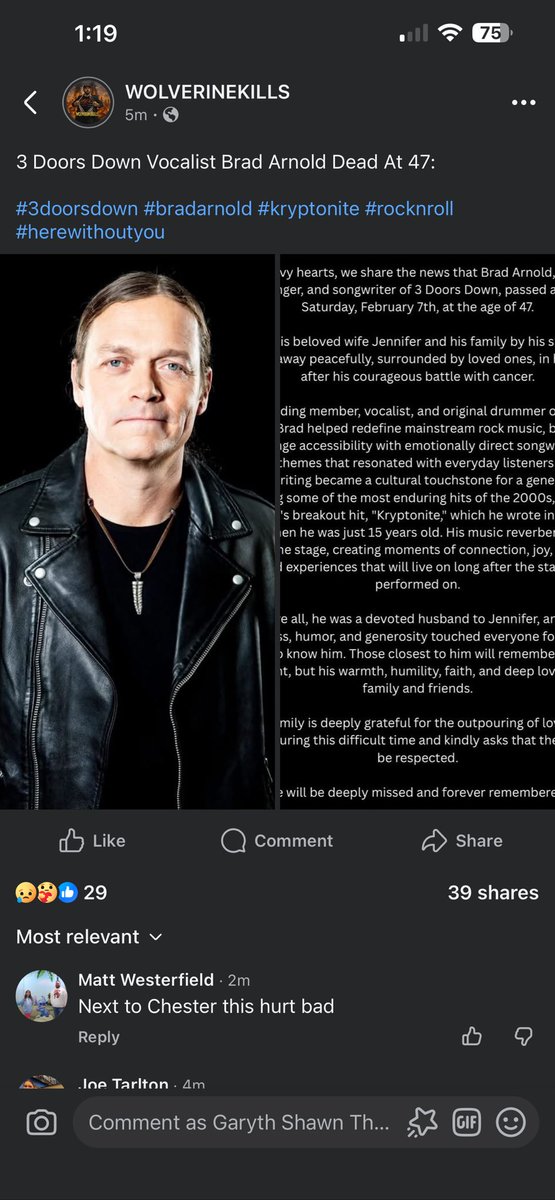 3 Doors Down Singer Brad Arnold Passes Away at 47:

facebook.com/share/p/1DtbC2…

#bradarnold #3doorsdown #rocknroll #singer #vocalist