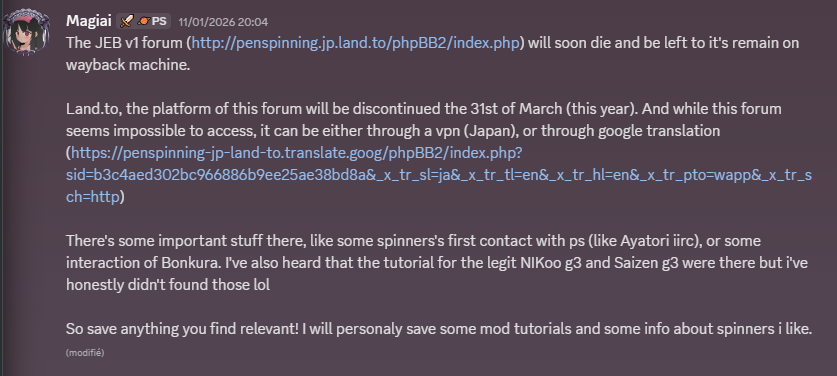 Hi everyone! Important message: 

By March 31st, the JEB v1 forum will be deprecated and left unarchived.
To everyone who feels like it, please try to save some stuff, it's a very important part of ps!
More info in the screenshot below.
( penspinning-jp-land-to.translate.goog/phpBB2/index.p… )