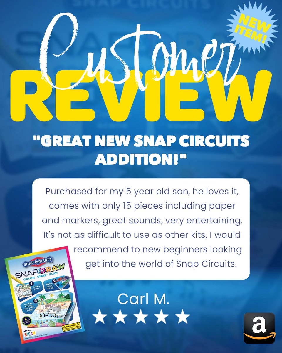 SnapCircuits's tweet image. ⭐️We have our FIRST review!!⭐️

Our new SNAP &amp;amp; DRAW kit just dropped, and of course… it’s 5 STARS! 🌟

Have you tried it yet? Let us know what you think!✏️✨

#SnapCircuits #STEM #STEMToys #STEAM #STEAMToys #SnapAndDraw #NewToys #EducationalToys #CustomerReview