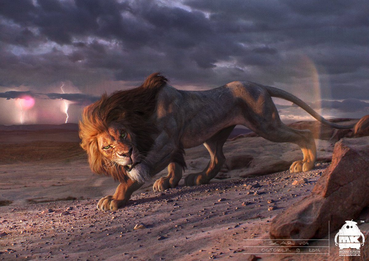 gods_odin's tweet photo. @GentleDoofus The official concept art shows they did consider making Scar look closer to his animated version, but then decided against it and I still don’t get why. These concepts prove it could’ve worked.

(Last image is fan art by Fred Wierum, not official) https://t.co/9KqDVbbwyY