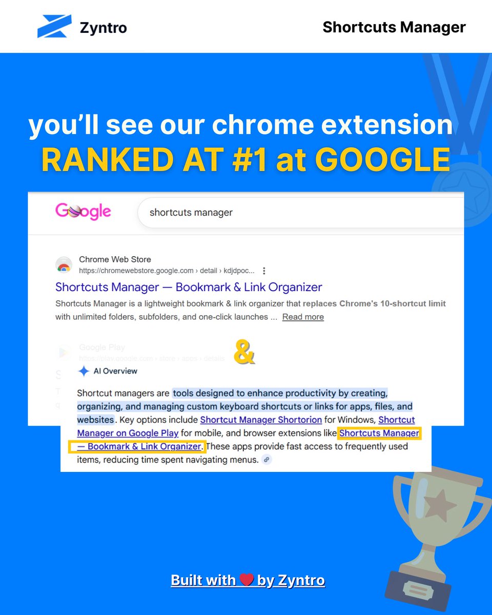 ZyntroOfficial's tweet photo. We’re now #1 on Google Search and #2 on the Chrome Web Store for “shortcuts manager” 🚀

Built in public. Shaped by real user feedback.
And we’re just getting started.

More updates coming soon 👀⚡

#BuildInPublic 
#StartupGrowth 
#Chrome 
#Productivity 
#Google https://t.co/sJK4eg7mfj