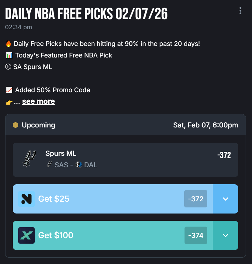 mlbanalyticspro's tweet photo. 🔥 Daily Free Picks have been hitting at 90% in the past 20 days!
📊 Today's Featured Free NBA Pick
⚾ SA Spurs ML

📈 Added 50% Promo Code
👉 https://t.co/8e9xPrCQnF

#MLB #SportsBetting #MLBPicks #NFL #Moneyline #Parlay #NBAPicks #NHL #NBA https://t.co/xHQdLh1jce