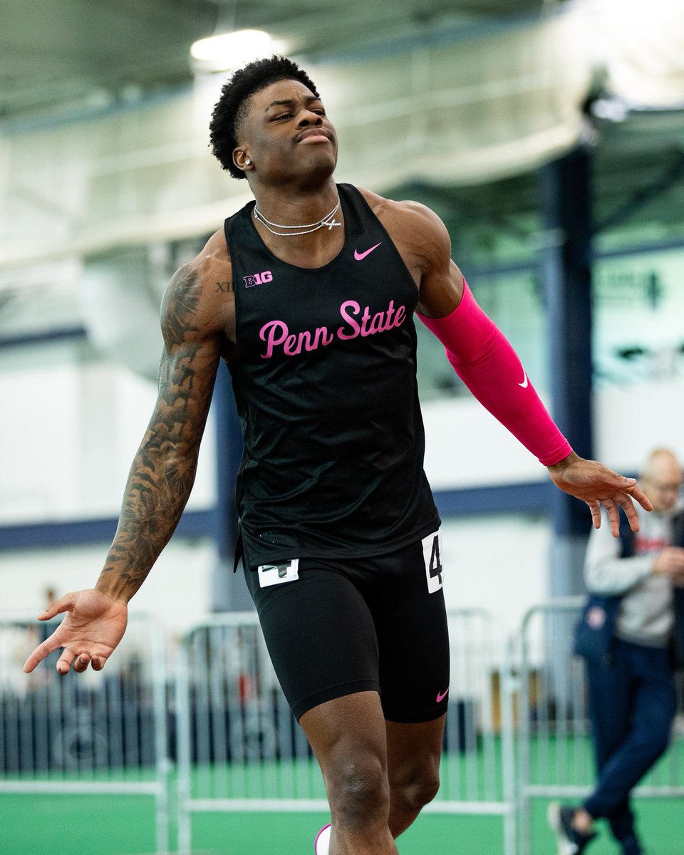 PennStateTFXC's tweet photo. AJANI BREAKS HIS OWN RECORD! 

He now sits alone atop the Penn State record book with a 6.52 in the men’s 60-meter💨🦁

#WeAre #PSUTF https://t.co/ki3pWCxkN5