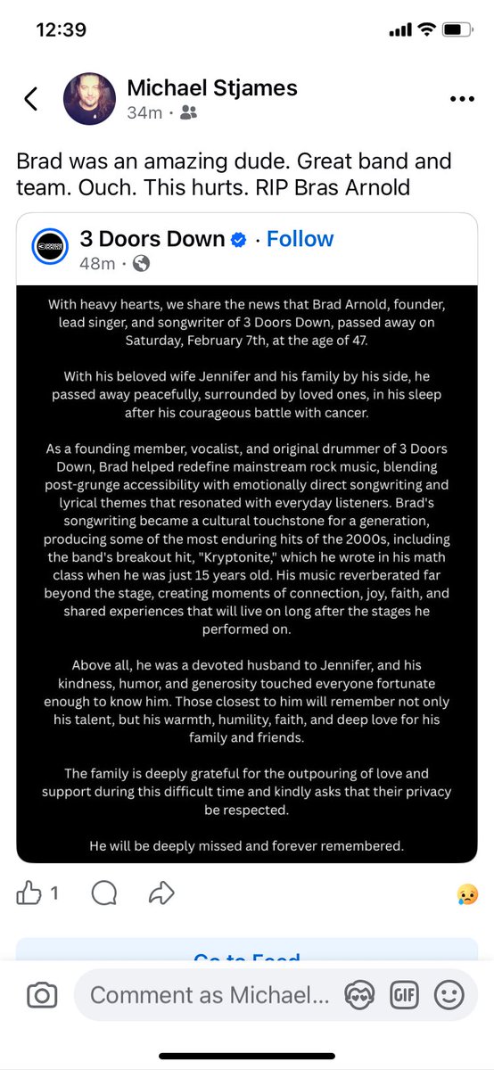 Brad was an amazing dude. Great band and team. Ouch. This hurts. RIP Brad Arnold