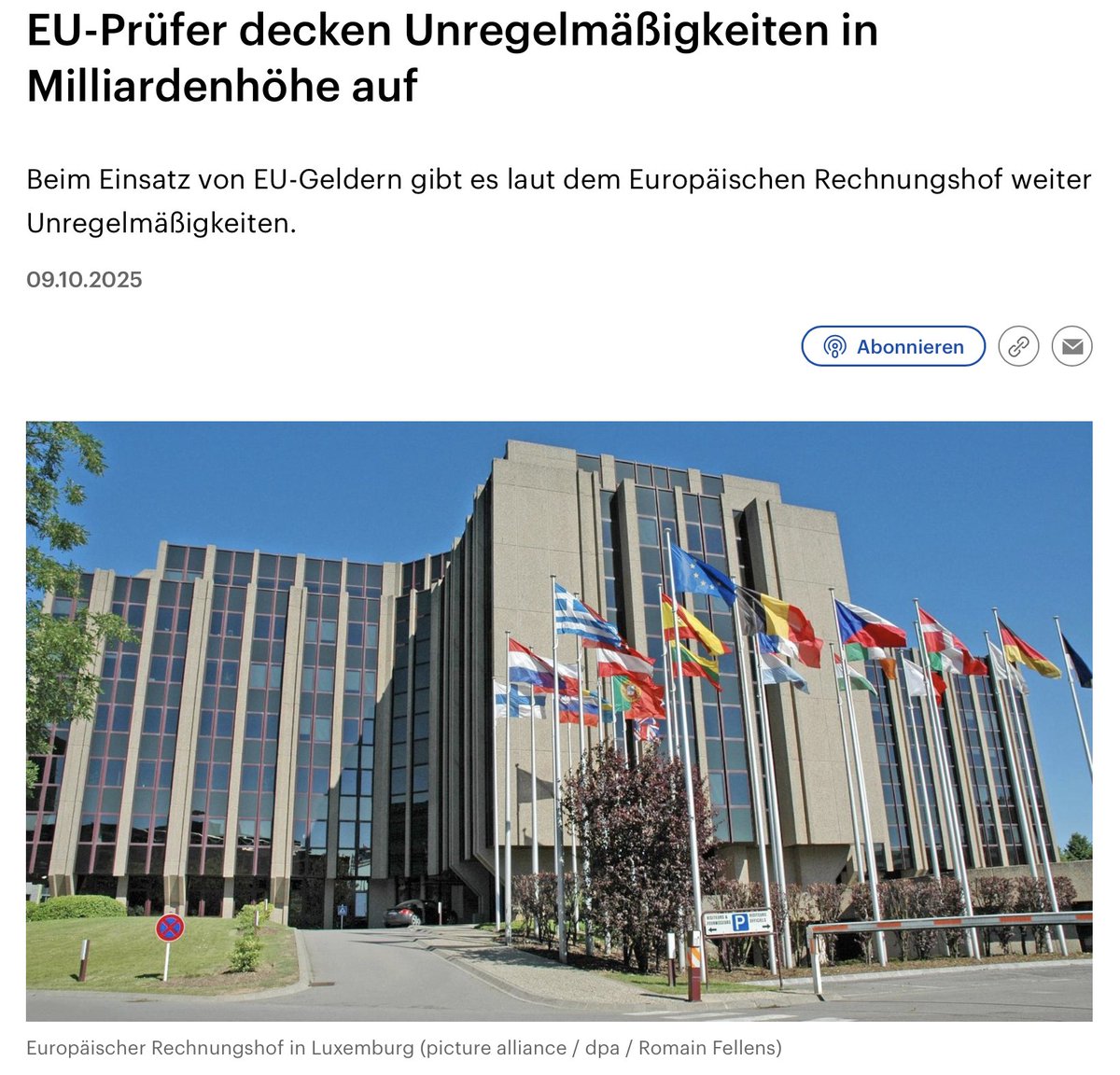 Im neuen Kontrollbericht des Europäischen Rechnungshof heißt es, dass im vergangenen Haushaltsjahr geschätzte sechs Milliarden Euro rechtswidrig aus dem EU-Haushalt geflossen sind.

6 Mrd. EUR rechtswidrig, also in unbestimmte Kanäle geflossen. Bei ca. 60k EU-Beamten macht das