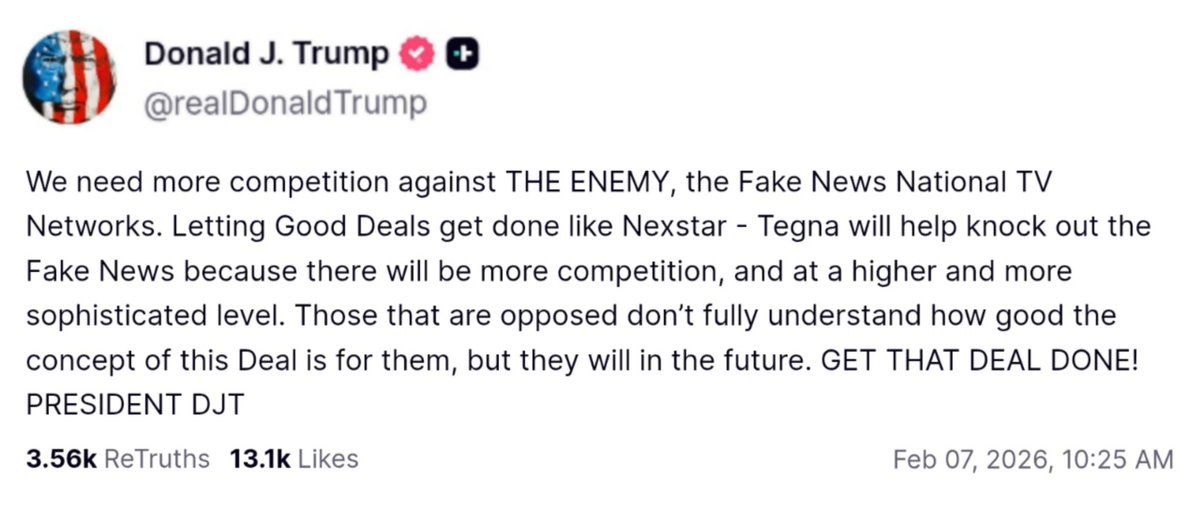 President Trump makes an important post:

"We need more competition against THE ENEMY, the Fake News National TV Networks."

This means YOU, ladies and gentlemen. Keep speaking up, standing up, and exposing the truth and what is right.