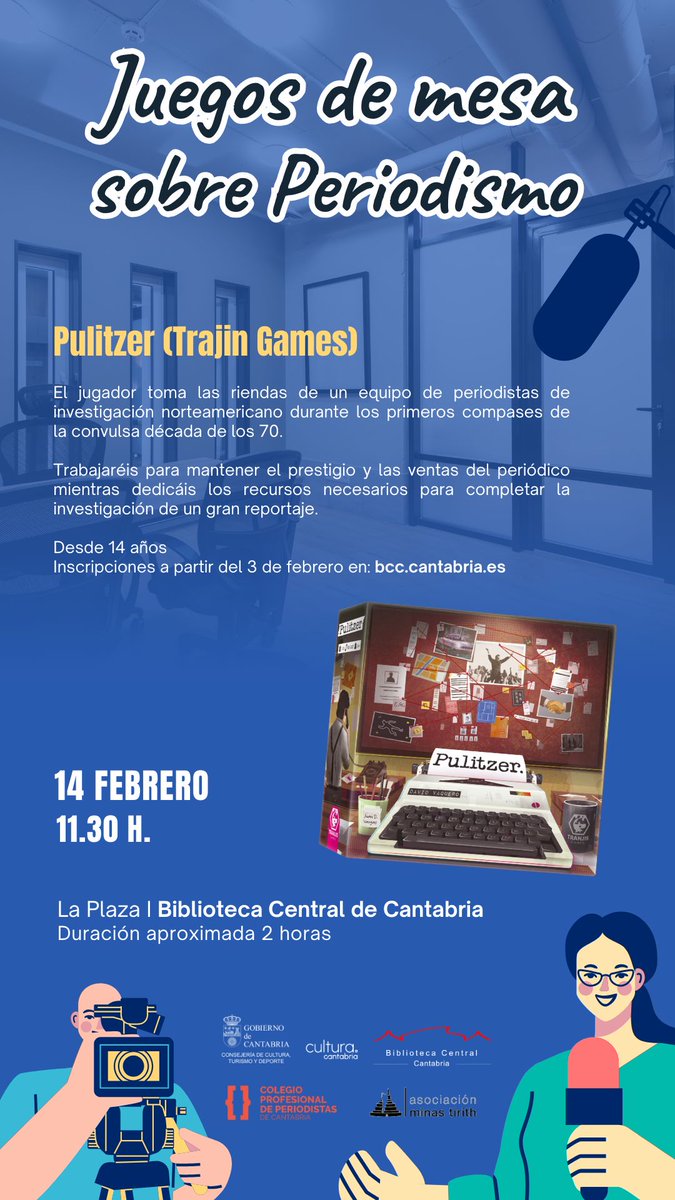 ¡Extra, extra!

Este mes de febrero organizamos varios talleres en colaboración con el C.olegio de Periodistas de Cantabria... ¡Y este 14 de febrero os enseñamos Pulitzer!

Inscríbete en bcc.cantabria.es y conoce el mundo del periodismo desde los juegos de mesa.