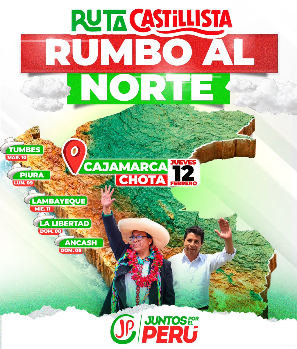 CRONOGRAMA OFICIAL ✅

Presentamos el cronograma de nuestra "Ruta Castillista" rumbo al sólido norte. Iniciamos este recorrido llevando el mensaje de esperanza y dignidad a cada parte de nuestro país, porque esta lucha libertaria nace del corazón del pueblo y se fortalece en cada