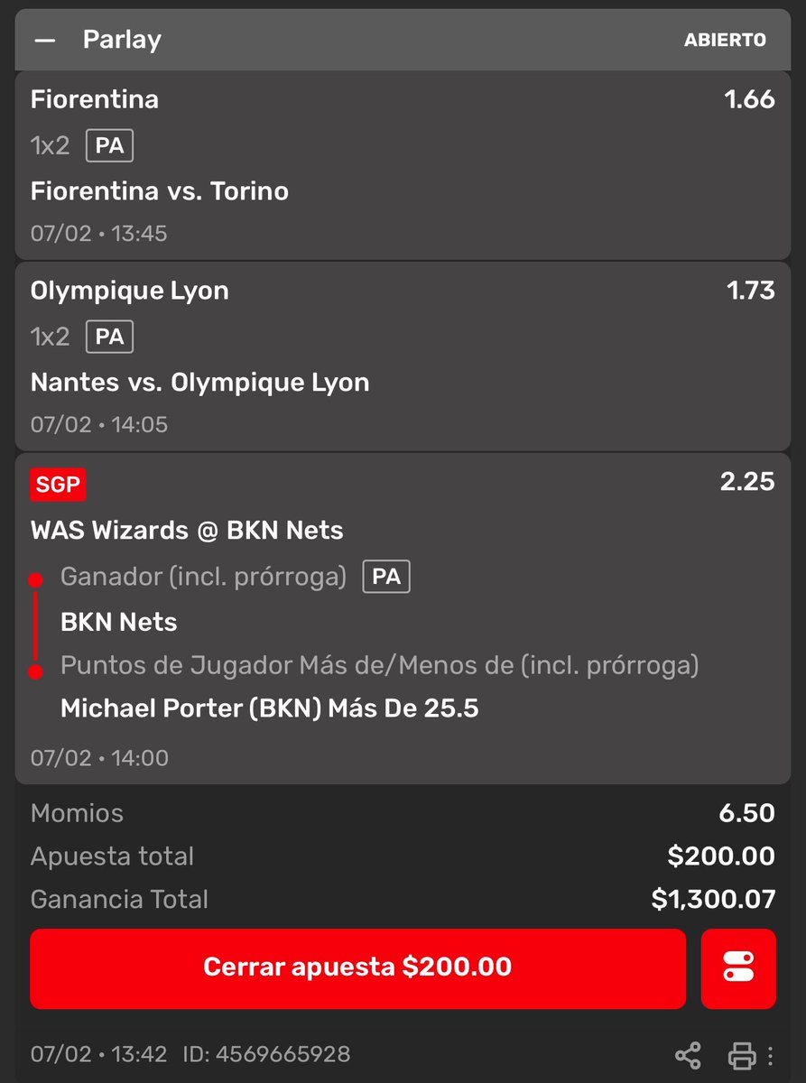 LeoPicksX's tweet photo. Vamos a intentar este parlay! 

Fiorentina ML vs Torino
Lyon ML vs Nantes
Nets ML + ov 25 pts Porter

Dale ❤️ si me sigues 🫵🏽 https://t.co/EQIrxbNVT8