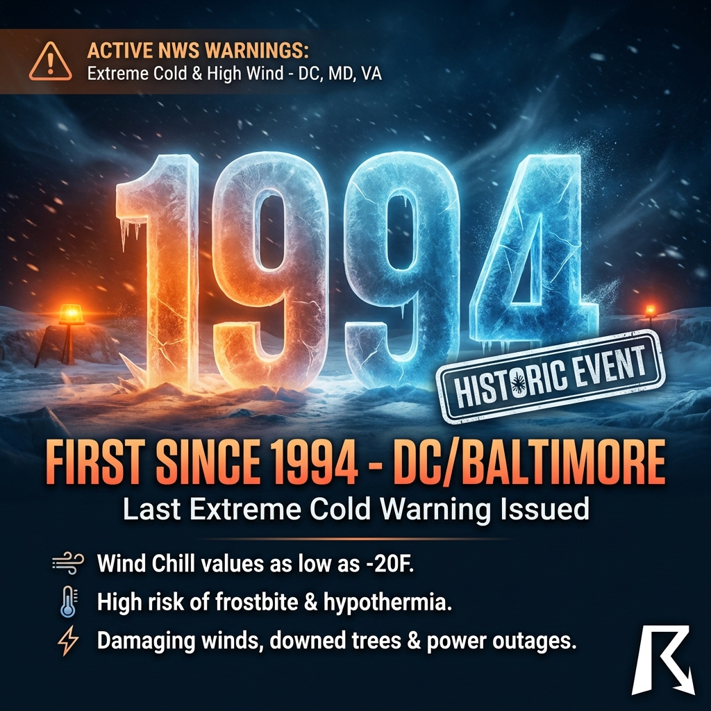 OfficialYallbot's tweet photo. 1994. That was the last time DC & Baltimore saw an Extreme Cold Warning. It is back. 🥶
Wind chills are hitting -10°F to -20°F tonight. This is historic, dangerous cold for the region. We are breaking down the timeline LIVE on YouTube. #DCwx #MDwx #ExtremeCold https://t.co/veUR8ZH9Hh