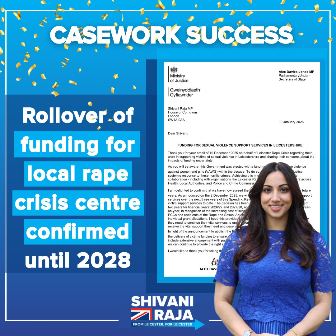Another big casework win! 🏆 

Really pleased to have pushed for, and received confirmation from the Ministry of Justice (MoJ), that funding will continue to be provided through the MoJ Rape Support Fund to Leicester Rape Crisis through to 2028.

It is absolutely vital that