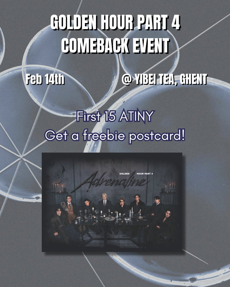 🏴‍☠️ ATINY! 🏴‍☠️

Are you excited for the comeback?! We surely are pumping with Adrenaline 👀

Join us on February 14th @/yibeitea in Ghent to celebrate the comeback! 🎉

The first 15 ATINY will get an Adrenaline postcard as a gift! ✉️🎁

Who will be there?! 👀 

#ATEEZ