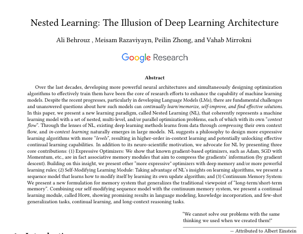 julio_serrano89's tweet photo. Is deep learning an illusion? Google’s new Nested Learning (NL) paradigm says yes. By mimicking human brain wave frequencies, their HOPE model outperforms Transformers in reasoning. It’s AI that learns like we do.
#AI #GoogleResearch

PDF: https://t.co/libfv1kRS9 https://t.co/RwYf1MfONy