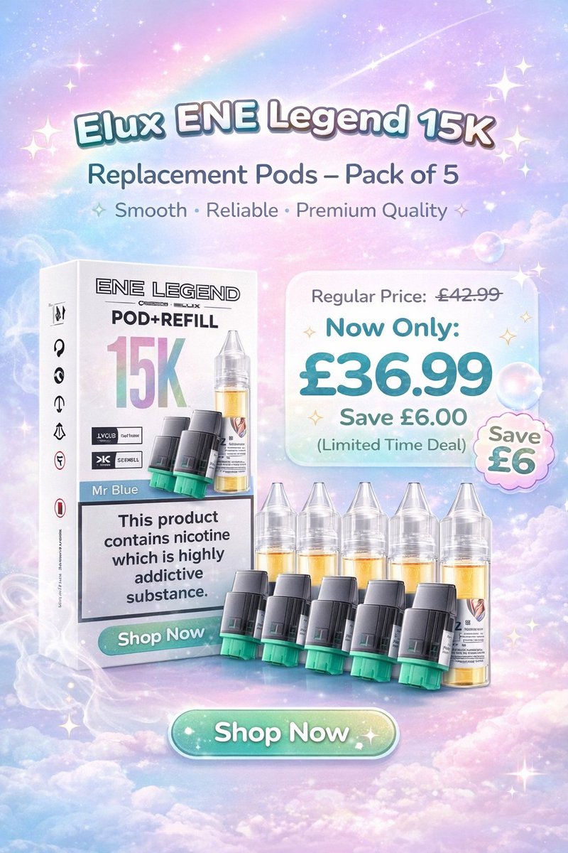 TheVapeGiant's tweet image. 🔥 Deal Alert! 🔥
Elux ENE Legend 15K Replacement Pods (Pack of 5)
💷 Now only £36.99
💸 Save £6 (Was £42.99)
✨ Smooth • Reliable • Premium Quality

⏳ Limited time only — shop now-thevapegiant.co.uk
⚠️ Nicotine is addictive.
.
.
.
#Elux #VapeDeals #ENELegend15K #VapeUK