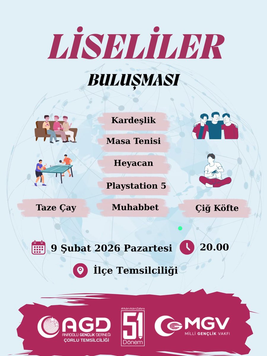 agdcorlu's tweet photo. LİSELİLER BULUŞMASI 

Kardeşlik, muhabbet ve heyecan dolu bir akşam seni bekliyor! 🙌
Masa tenisi, PlayStation 5, çiğ köfte ve taze çay eşliğinde dolu dolu bir buluşmaya hazır mısın? 😎☕🎮

Arkadaşlarını da kap gel, bu ortam kaçmaz! 🔥
Biz buradayız, sen de gel https://t.co/7FVpe4FLVL