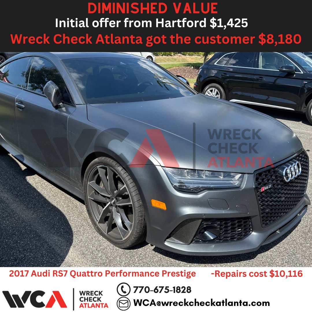 WreckCheckAtl's tweet image. 2017 Audi RS7 Quattro Performance Prestige 🖤
After a $10,116 accident, Hartford offered only $1,425 in diminished value. Once Wreck Check Atlanta stepped in, the owner recovered $8,180. Never settle for less. 🚗 
#diminishedvalue #caraccident #insuranceclaim #wreckcheckatlanta