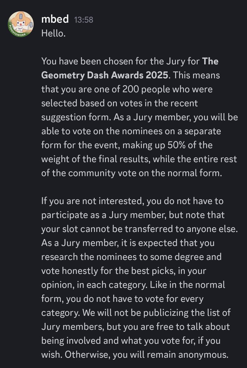 No pos me metieron al jurado pa los awards, supongo q eso tmb significa q ninguno d mis niveles serán nominados xd

Haré lo posible para q si ganen los niveles q se merezcan ganar🙏