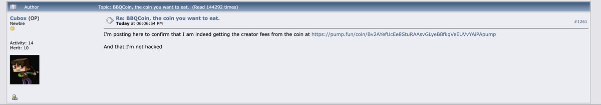 First meme coin 

Dev is on , getting all the fees <a href="/Cubox_/">Andy Pilate</a> 

Forum confirms he posted it on 2012 , and made the last post today 2026 confirming the Pumpfun he is getting the fees

Came before $Lucky coin , $Doge coin , $Buttcoin 

$BQC BBQ coin