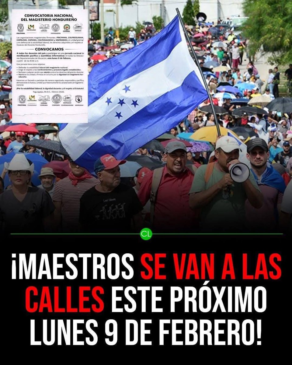 Magisterio convoca a Movilización Nacional este lunes, exigiendo:

📷 Pago del mes de enero
📷 Nombramiento de docentes
📷 Ajuste salarial
📷 Otras demandas del sector
El magisterio anuncia acciones en defensa de sus derechos laborales.