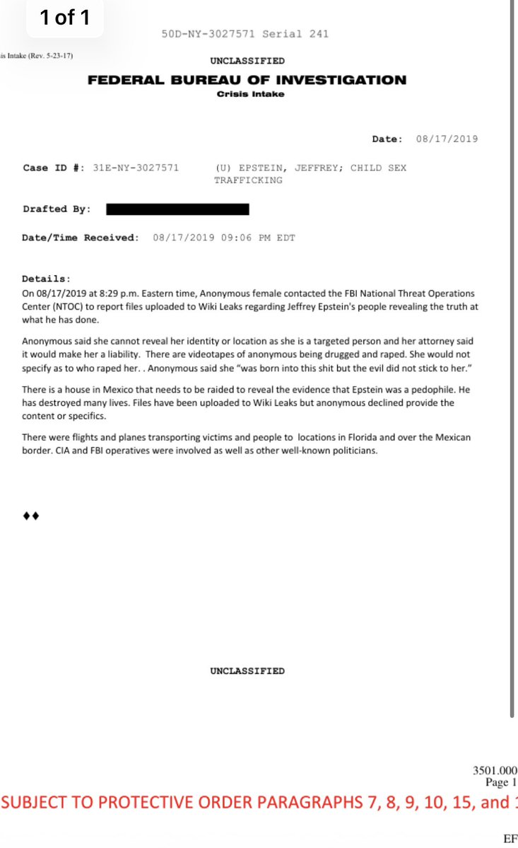 "Hay videos de chicas siendo drogadas y violadas por Epstein, hay una casa en México que necesita ser allanada. Hubo vuelos que transportaron víctimas a la frontera con México. Participaron agentes de la CIA y el FBI, así como políticos conocidos".

Este informe del FBI de 2019,
