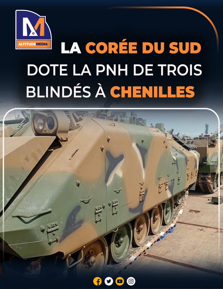 Altitudemedia5's tweet photo. La Corée du Sud a fait don de trois véhicules blindés à chenilles à la Police nationale d’Haïti, dans le cadre de la coopération entre les deux pays.
Un appui matériel destiné à renforcer les capacités opérationnelles des forces de l’ordre face aux défis sécuritaires actuels. https://t.co/irNPxnoTPI