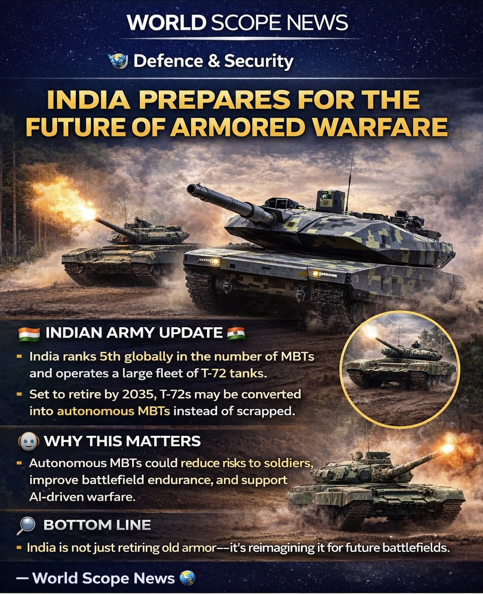 OmeyLad23's tweet image. India Eyes Autonomous Battle Tanks as Future of Armored Warfare

#worldscopenews #indiandefence #mainbattletank #autonomouswarfare #militarytechnology #futurewarfare #t72tank #armoredforces #defenceupdate #geopolitics