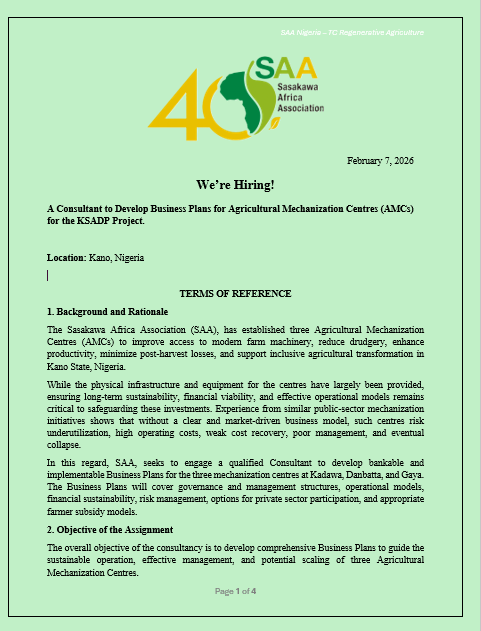 NigeriaSasakawa's tweet photo. We are hiring! 

A Consultant to Develop Business Plans for Agricultural Mechanization Centres (AMCs) for the KSADP Project.

Location: Kano, Nigeria

Closing: February 12, 2026. https://t.co/kI7gACiTvd