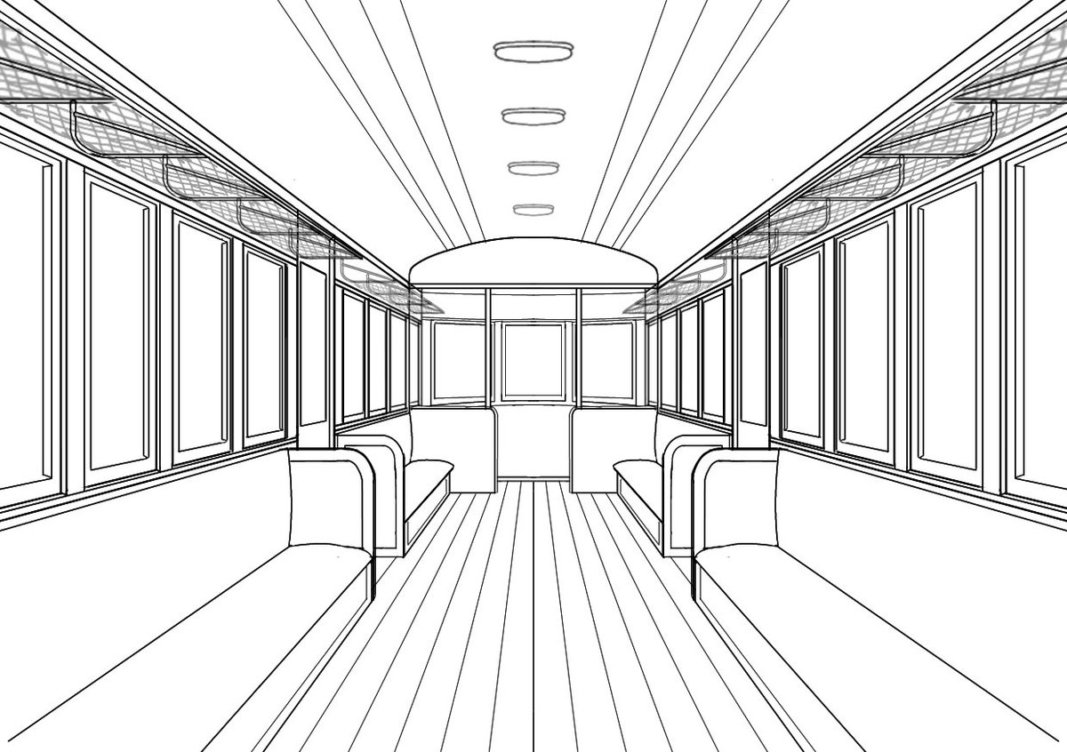 デ101はじめ旧型車の車内については、ほとんど資料も写真も拝見したことがありません。そこで、こんな感じちゃうか？という妄想をしてみました。いや、それはないやろ！と思った方は2枚目をご自由にお使いください。いずれにせよ、車内のカラー写真があればみたいものです。