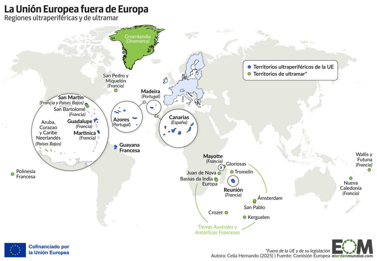 elOrdenMundial's tweet photo. 🗺️La Unión Europea no se limita a Europa. Francia, Portugal y España cuentan con territorios ubicados fuera del continente que, sin embargo, forman parte de la Unión. 

👉Las regiones ultraperiféricas son parte integral de la UE y, como tal, forman parte de la zona Schengen y están sujetas a las leyes europeas. 

¿Conocías estas zonas? Te leemos👀

Un mapa de @Alvaro_Merino_ 

https://t.co/si5j4OXtqm