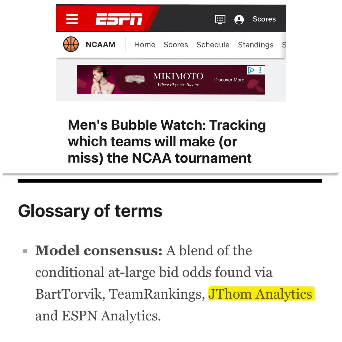 JThomAnalytics's tweet image. JThom Analytics now featured as part of ESPN Bubble Watch

espn.com/mens-college-b…