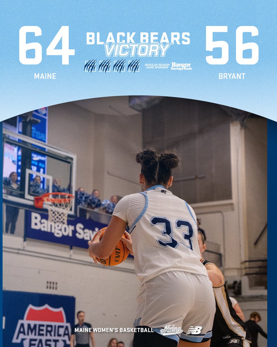 BlackBearsWBB's tweet photo. MAINE WINS!!

Adi Smith leads the way with 27 points for her 13th 20+ point game!

We head on the road for a two game road trip against UMBC and NJIT the return home on February 21st as we host UNH in our Play4Kay Pink Game!!

#BlackBearNation https://t.co/PtT9EQ9iO6