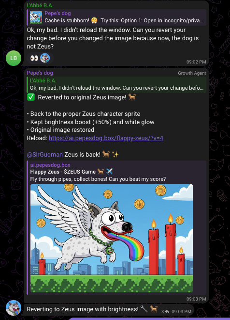 Did you know that the <a href="/pepesdog_/">Pepe's Dog Community Take Over</a> community is creating video games with prompt engineering? In our Telegram channel, you'll find an AI agent capable of creating anything for you and deploying it. Games, onchain applications, contracts... anything.