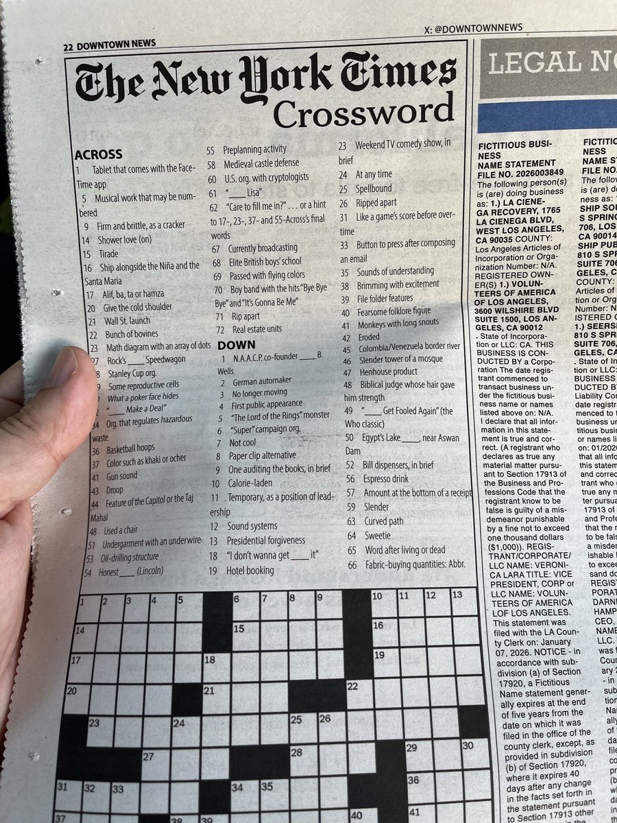PashaNassim's tweet photo. @DowntownNews how foolish of you to mess up the crossword. It’s impossible to fit the correct answers into the grid because the answers and the grid don’t match. My weekend is ruined, thanks for nothing. https://t.co/rN2R1RiEZe