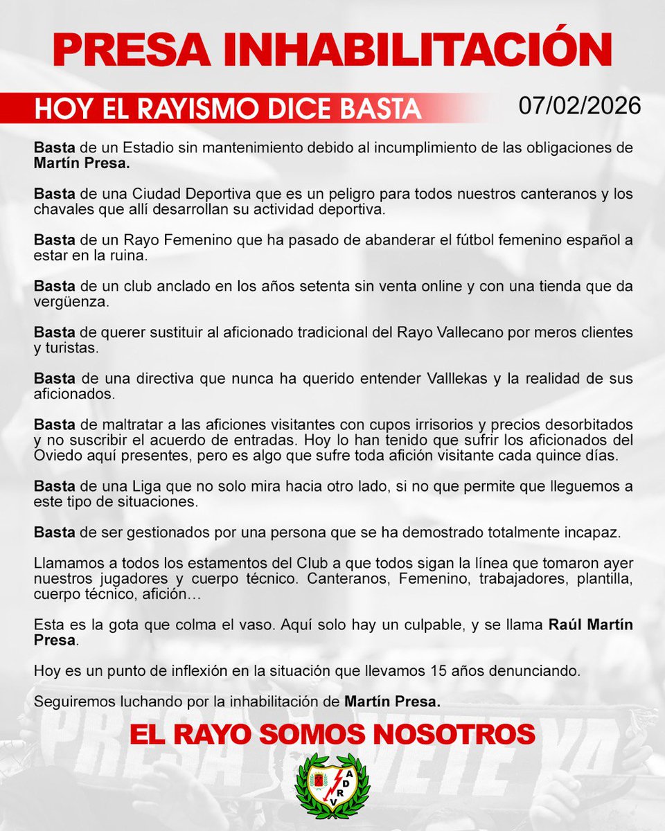 ⚠️ El mayor enemigo del Rayo se sienta en el palco cada partido.
Basta de una <a href="/LaLiga/">LALIGA</a> que defiende a una persona completamente incapaz de seguir un día más presidiendo a nuestro equipo.
¡Hoy el Rayismo dice basta!