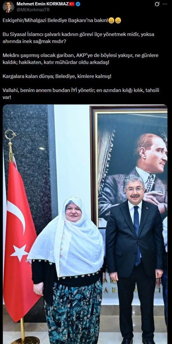debuffer2's tweet photo. Resimdeki başörtülü kadın Eskişehir Mihalgazi'de %53 oyla seçilmiş Ak Partili Belediye Başkanı Zeynep Akgün.

Kılık kıyafetinden ötürü Akgün'e ağıza alınmayacak hakaretler eden de herhangi bir İyi Partili. Netenyahu musun @MEKorkmazTR bu nasıl bir kin? https://t.co/XbB6aIdwdN