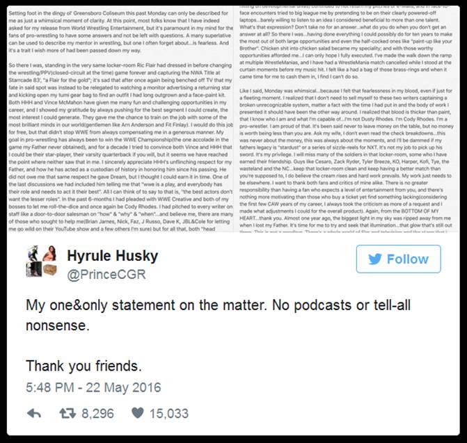 Cody "Raheem" Rhodes used to have a MAGA burner account by the way.