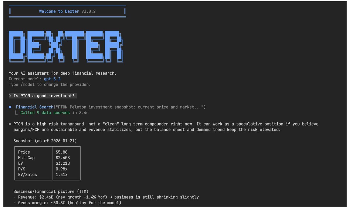 Dexter is an autonomous financial research agent that thinks, plans, and learns as it works. It performs analysis using task planning, self-reflection, and real-time market data. Think Claude Code, but built specifically for financial research.