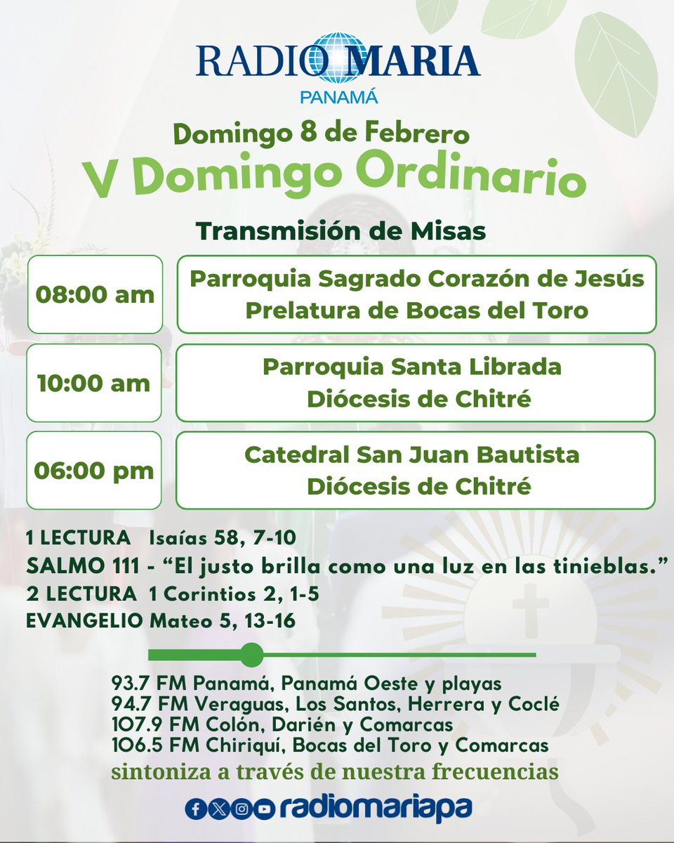 radiomariapa's tweet photo. ¡Sintoniza con nosotros! 📻✨
Acompaña nuestra programación especial y la Transmisión de Misas para los próximos domingos. Aquí te compartimos los detalles de las celebraciones y las lecturas para que te prepares en oración.

🗓️ Domingo 8 de Febrero | V Domingo Ordinario https://t.co/fKrd0ePwJG