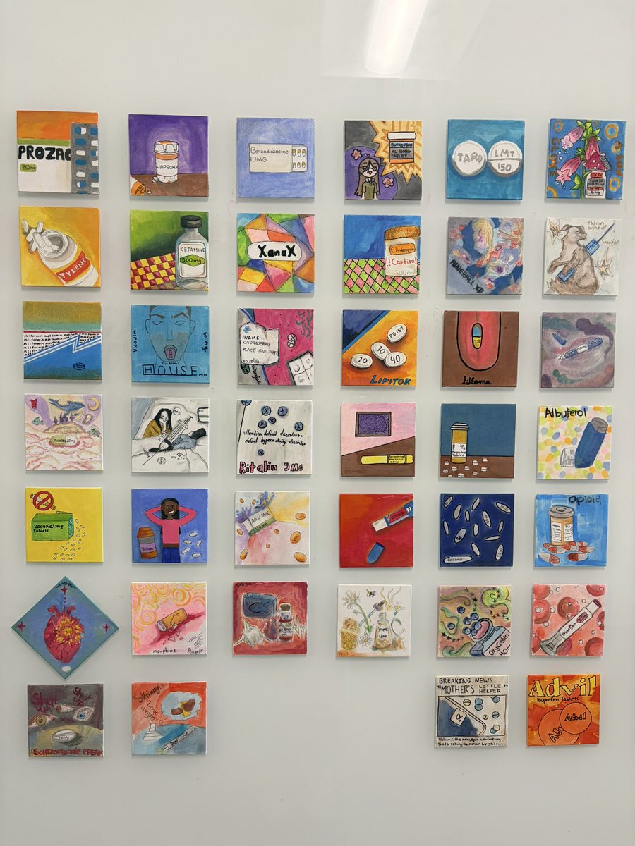 IAARTCLASS's tweet photo. Small paintings, significant messages. This visual pharmacy represents the highs and lows of pharmaceutical impacts on society in this HS Flex Friday Session. @IAFultonSchools https://t.co/awma26orWX