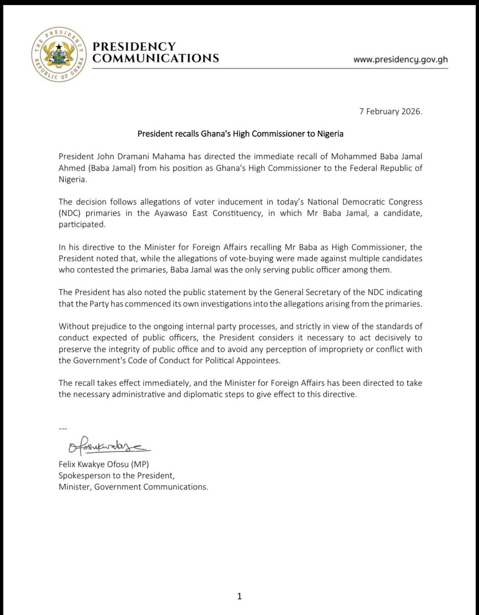 Presidency recalls H.E Baba Jamal from his role as High Commissioner to Nigeria.