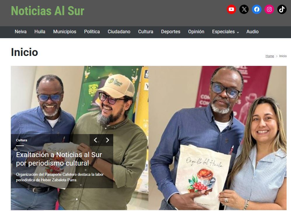 #Ahora Exaltación a Noticias al Sur por periodismo cultural .. noticiasalsur.co/exaltacion-a-n… #Neiva #Huila <a href="/FedeCafeteros/">Federación Nacional de Cafeteros</a> <a href="/FNC_Huila/">Comité de Cafeteros del Huila</a> <a href="/GermanBahamon/">German Bahamon Jaramillo</a> #Café #PasaporteCafetero <a href="/yarumo_profesor/">Profesor Yarumo</a> #James  #DesafioDelSigloXXI #LaCasaDeLosFamososCol <a href="/mincultura/">MinCultura Colombia</a> <a href="/MinAgricultura/">Min. de Agricultura</a> #07feb #ElonMusk