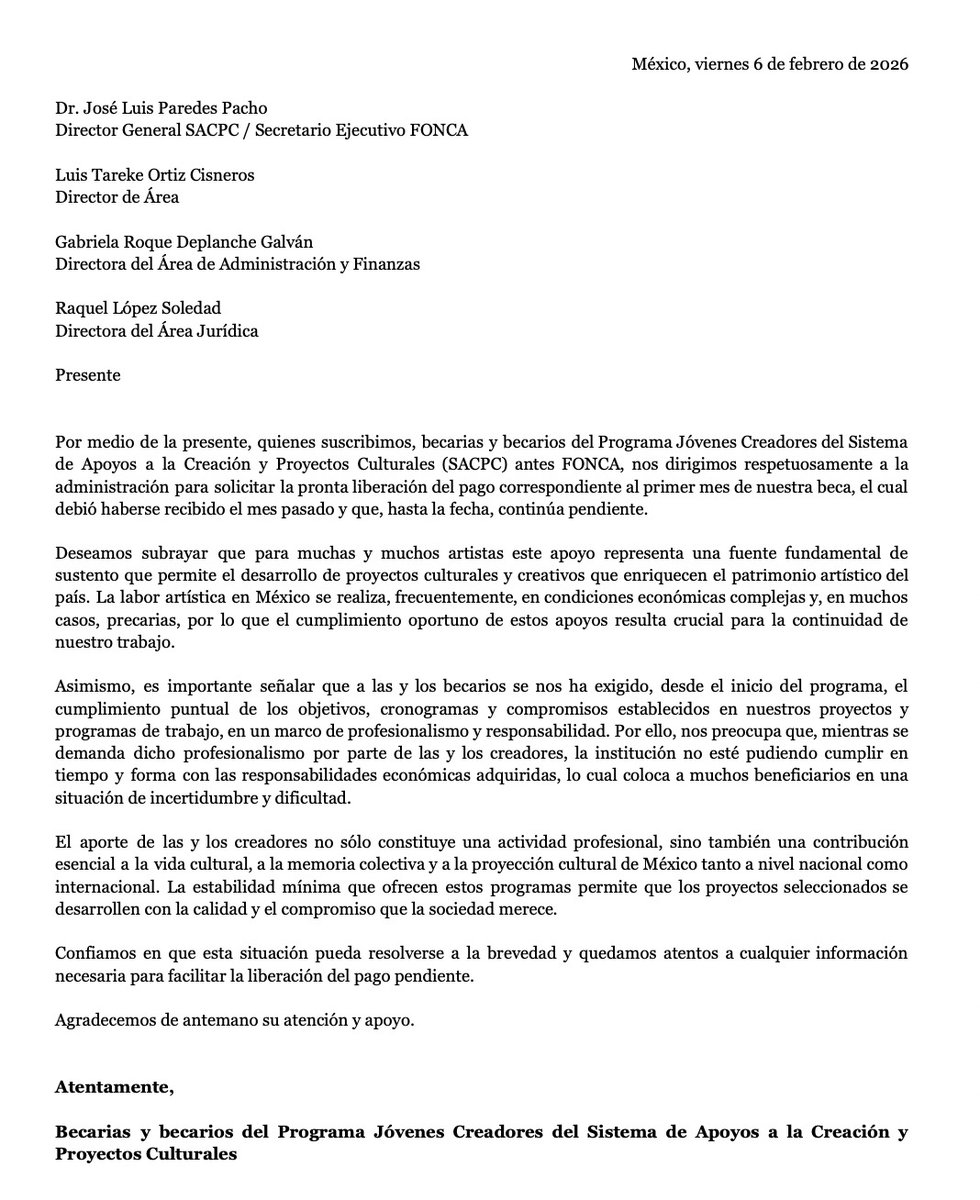 vicentegtz's tweet photo. Trabajar en el arte en México ya es bastante complejo como para que el @SistemaApoyos retrase los pagos de becas que son el sustento de cientos de artistas. 🇲🇽
Sin pago no hay creación. ¡Cumplan con los compromisos! 🧵👇 #CulturaMX #FONCA https://t.co/y0VSqevyQB