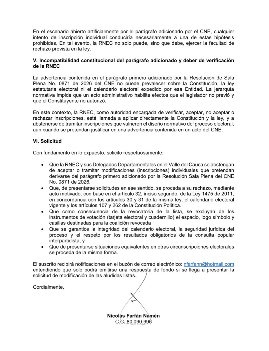 #POLITICA | Solicitan a la <a href="/Registraduria/">Registraduría Nacional del Estado Civil</a> que no permita la inscripción de las listas del  Pacto Histórico y la Colombia Humana a varias cámaras del país, tras la revocatoria del <a href="/CNE_COLOMBIA/">CNE Colombia</a>. Piden que los candidatos se excluyan definitivamente del tarjeton.

Vía <a href="/laurad_duarte/">Laura Daniela Duarte</a>
