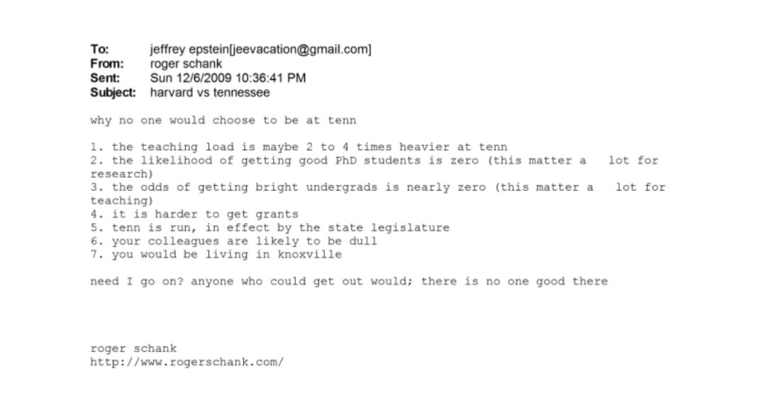 An email from some pedo named roger schank talking to epstein about <a href="/UTKnoxville/">UT Knoxville</a> and the <a href="/CityKnoxvilleTN/">City of Knoxville</a>. 🤬

<a href="/KnoxvilleHoller/">The Knoxville Holler</a>
justice.gov/epstein/files/…