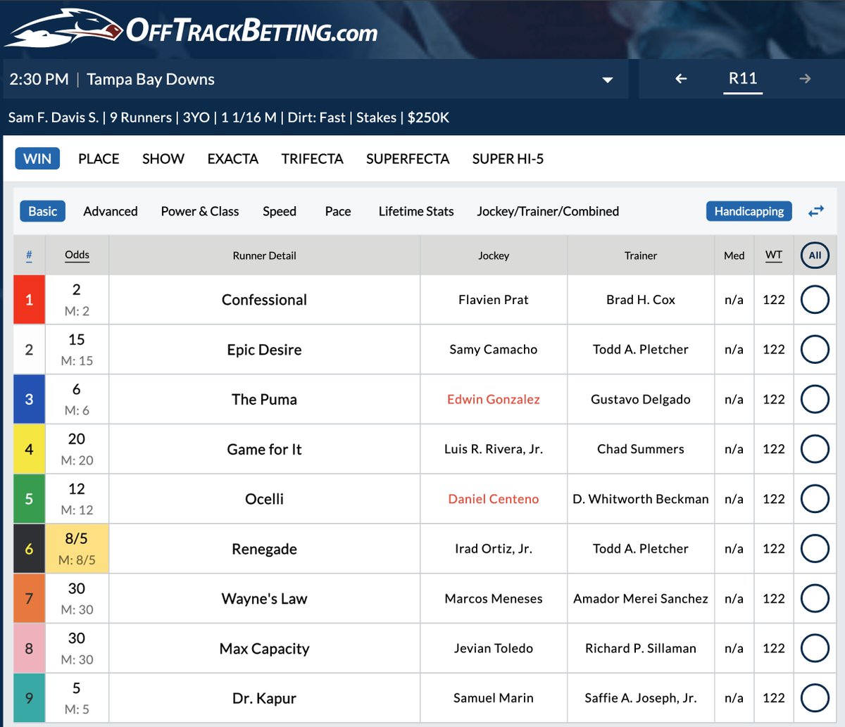 UPDATE:  Sam F. Davis Stakes at Tampa Bay Downs  | Race 11

JOCKEY CHANGES:     

#3      The Puma  >  Edwin Gonzalez
#5      Ocelli  >  Daniel Centeno  

Bet the #SamFDavis with OTB >> OffTrackBetting.com