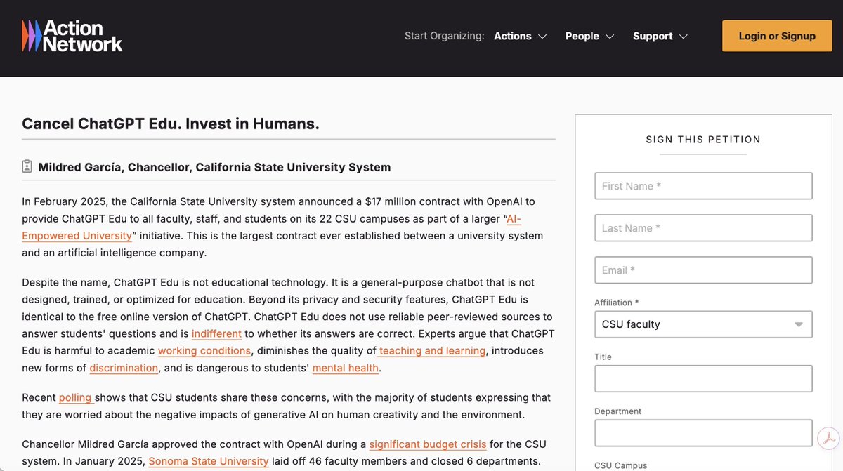 Amid major austerity, Cal State University spent $16.9 million on ChatGPT last year. We’re sending this open letter to the CSU Chancellor next week requesting that the administration not renew their contract with OpenAI. 
Last call for folks to sign and have their comments sent
